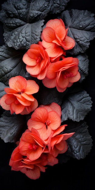 Orangenblumen-Büchel auf schwarzem Hintergrund Detaillierte Blattfotografie