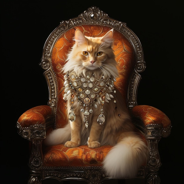 Foto orangenfarbene türkische angora-katze sitzt auf einem thron mit gelben diamanten-appliques