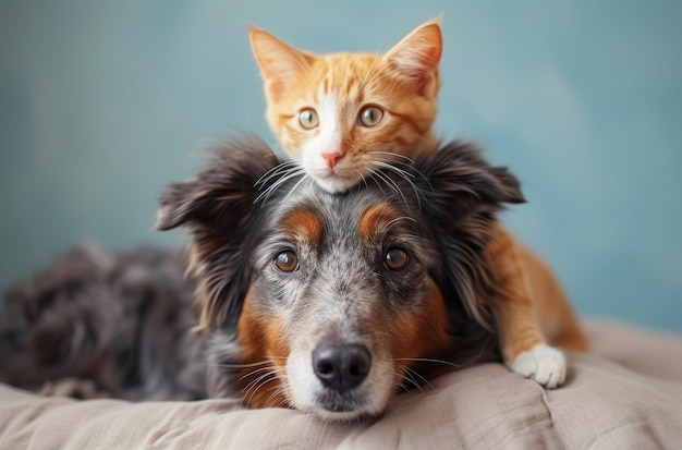 Foto orangenfarbenes kätzchen auf einem ruhenden dreifarbigen hund, das freundschaft ausdrückt
