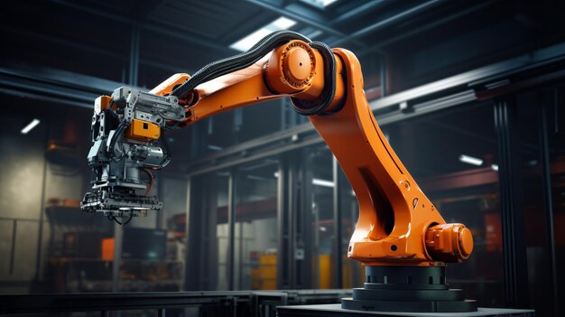 Orangenfarbiger Industriemaschinenroboter in der modernen Fabrik