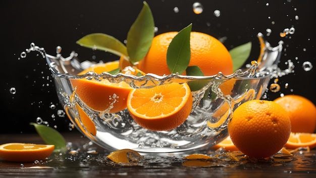 Orangenfrucht mit Wasserspritz in der Schüssel Bild wird mit Hilfe von künstlicher Intelligenz generiert