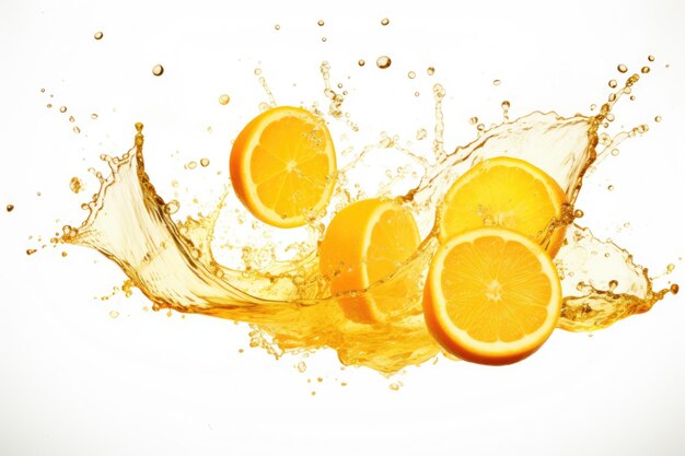 Orangenfruchtsaft-Splash auf weißem Hintergrund AI generiert