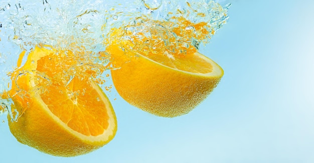 Orangenhälften fallen in Wasser mit Spritzer auf blauem Hintergrund