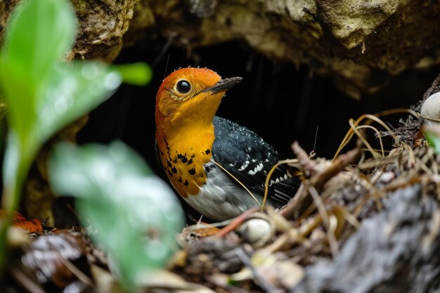 Foto orangenköpfige bodenstürme bewachen das nest und brüten ihre eier im regenfall aus