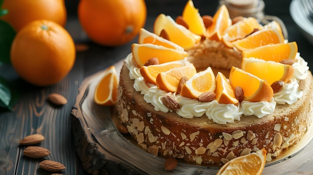 Orangenkuchen mit Mandeln auf weißer Oberfläche Ai erzeugt