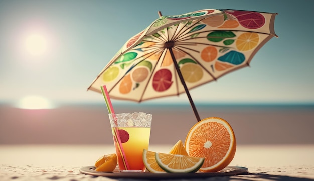 Orangensaft am Strand mit Sonnenschirmen und Früchten im Sand Generative AI