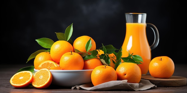 Orangensaft auf dem Tisch frische reife Orangen in Nahaufnahme auf einem Holztisch Generative KI