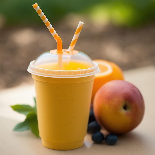 Orangensaft auf dem Tisch hinter Obstgartenhintergrund