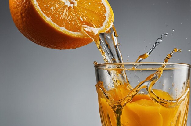 Orangensaft, der mit einem Spritz in ein Glas gegossen wird