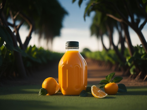 Orangensaft in der Flasche und frische Orange auf dem braunen Tisch mit gedämpftem Licht. Stillleben-Auswahl