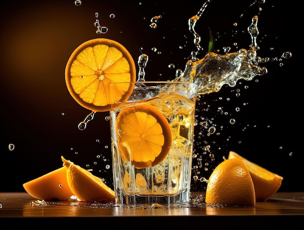 Orangensaft in ein Glas gießen, davor Scheiben schneiden
