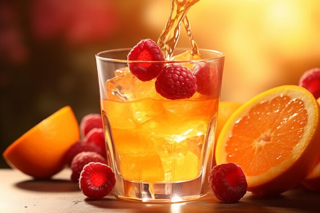 Orangensaft in ein Glas mit einer Orangenstücke und einem Minzsirup gießen