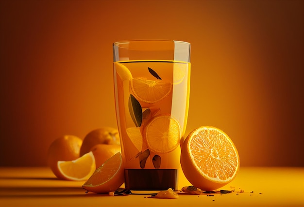 Orangensaft in einem Glas auf orangefarbenem Hintergrund 3D-Darstellung generative ai