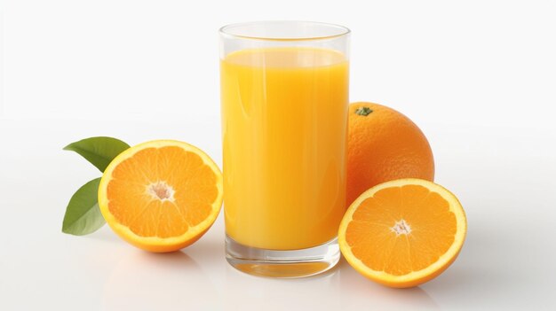 Orangensaft in einem Glas mit Orangen und Limetten