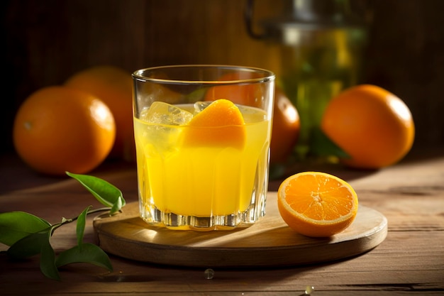 Orangensaft mit Eis auf einem Holzbrett