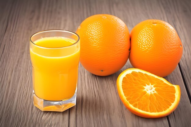 Orangensaft mit Orangen auf einem Holztisch ai generativ