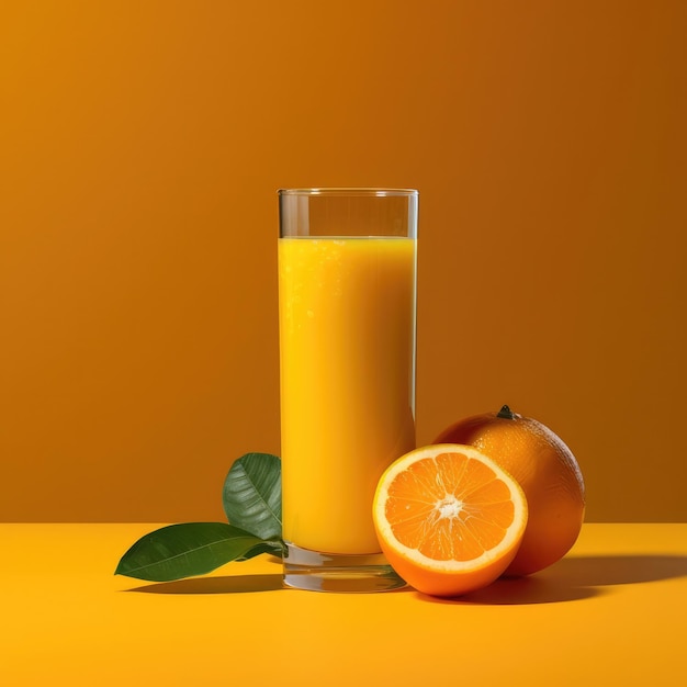 Orangensaft mit Spritzern mit Orangenfrüchten im Studio-Hintergrundrestaurant mit Garten