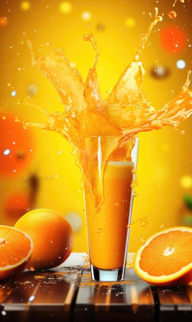 Orangensaft mit Spritzern mit Orangenfrüchten im Studio-Hintergrundrestaurant mit Garten