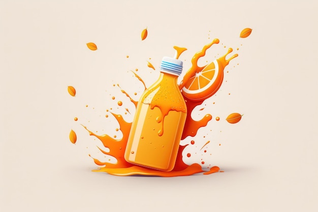 Orangensaft-Spray in einer Flasche Auf einem weißen Hintergrund ein Blitz von saftiger oranger Farbe