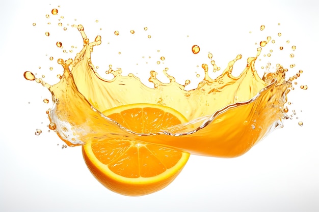 Orangensaft-Spritzwelle auf weißem Hintergrund