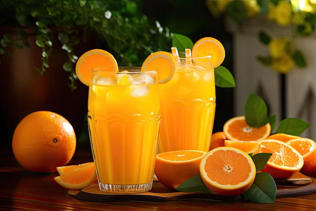 Orangensaft und Orangenscheiben in Glasbechern