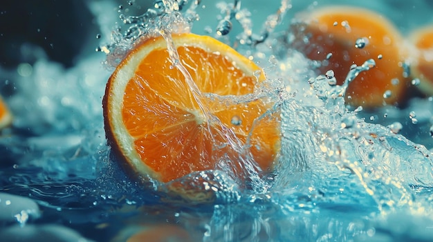 Orangenscheibe spritzt mit Tropfen in das Wasser