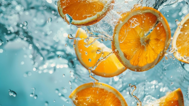 Orangenscheiben, die in erfrischendem Wasser spritzen