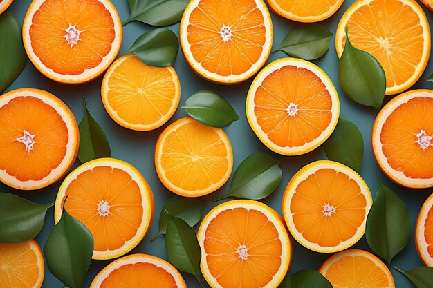 Orangenscheiben mit grünen Blättern auf blauem Hintergrund