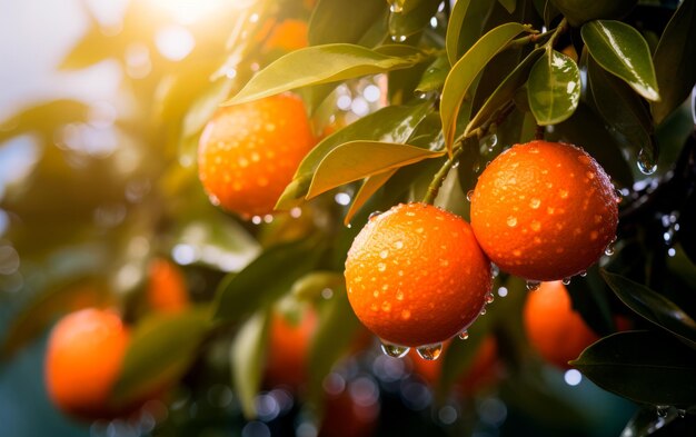 Orangenzweig mit Regentropfen und grünen Blättern auf dem Baum