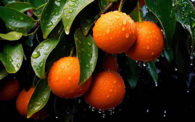 Orangenzweig mit Regentropfen und grünen Blättern auf dem Baum