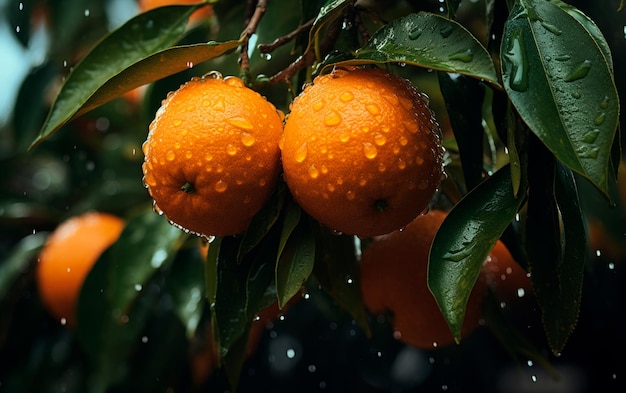 Orangenzweig mit Regentropfen und grünen Blättern auf dem Baum