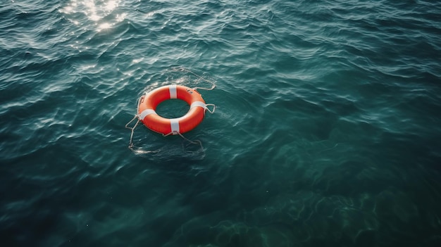 Oranger Rettungsring auf dem Wasser im blauen Meer Sicherheit bei der Wasserrettung eines Ertrinkenden