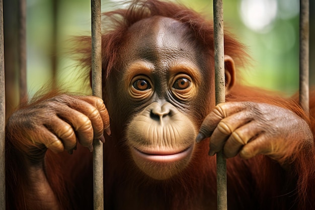 Foto orangotango borneano ameaçado de extinção no habitat rochoso pongo pigmeu animal selvagem atrás das grades