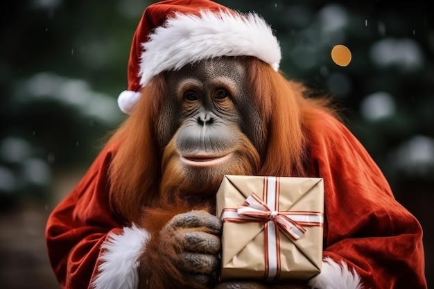 Orangotango de Natal em traje de Papai Noel segurando presente isolado em um fundo gradiente