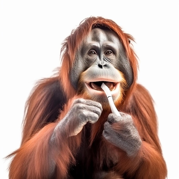 Orangotango escovando os dentes com uma escova de dentes higiene bucal close-up isolado em branco