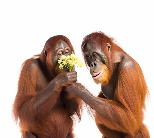 orangotango macho dá flores para orangotango fêmea em foto engraçada de amor de fundo branco com animal