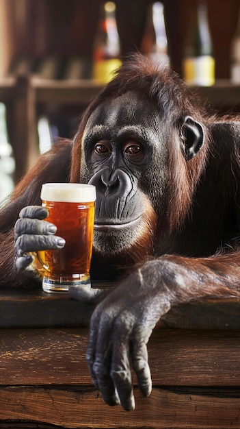 Orangotango triste olhando para a câmera sobre um copo de cerveja em um cartaz de conceito de bar para publicidade de pub