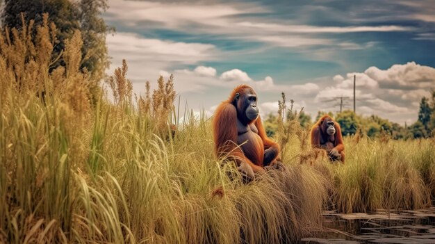 Orangotangos em um campo de grama