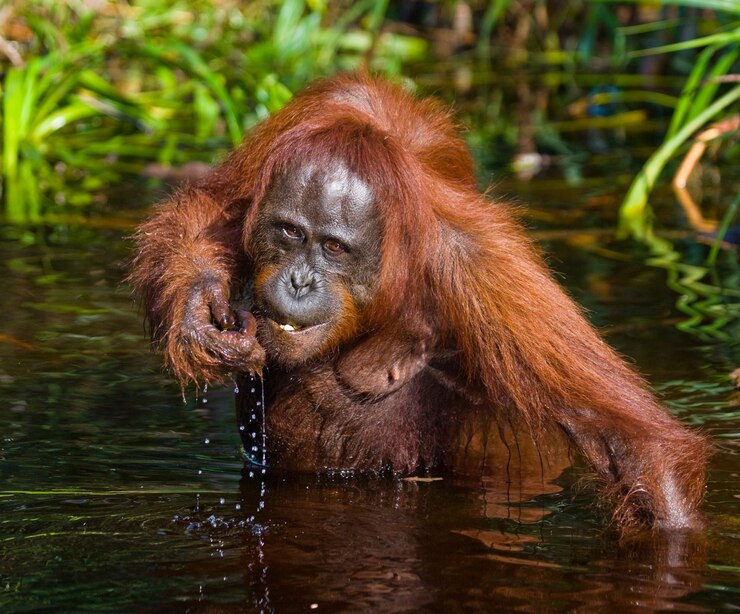 Foto orangután está bebiendo agua del río en la jungla. indonesia. la isla de kalimantan (borneo).
