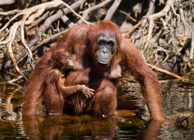 Foto orangután hembra y bebé beben agua del río en la jungla. indonesia. la isla de kalimantan (borneo).