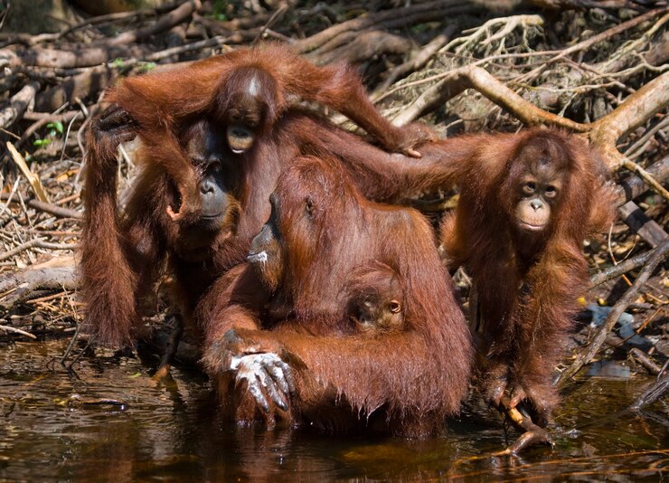 Foto orangután hembra y bebé beben agua del río en la jungla. indonesia. la isla de kalimantan (borneo).