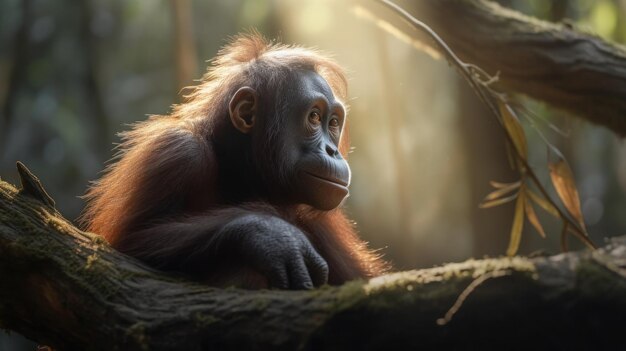 Un orangután joven se sienta en un árbol en la selva.