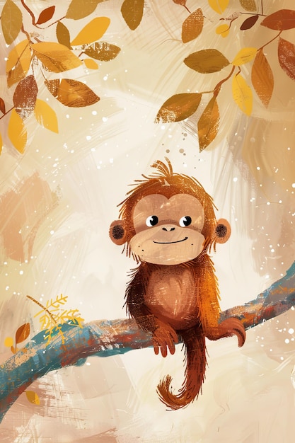 Foto un orangután lindo con el fondo de la naturaleza ilustrado por niños