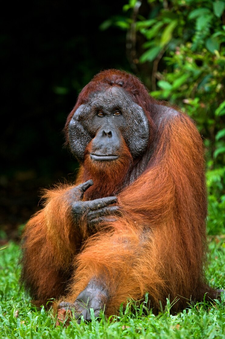 Foto el orangután macho dominante está sentado en el suelo. indonesia. la isla de kalimantan (borneo).