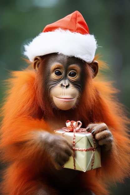 Foto orangután navideño con traje de mini papá noel con fondo de regalo festivo con espacio vacío para texto