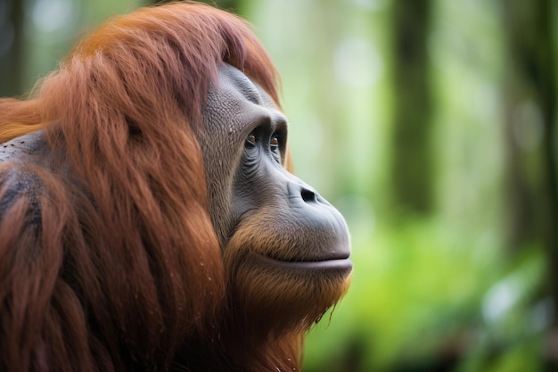 Orangután en perfil con el bosque tropical como telón de fondo