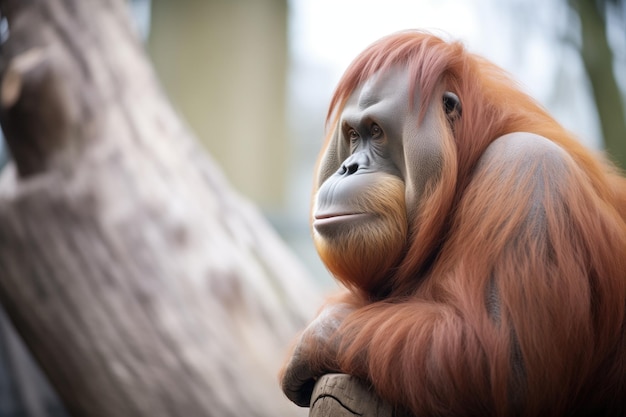 Orangután de perfil descansando en el tronco de un árbol