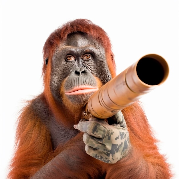 Foto un orangután sostiene un arma con la palabra ornamento en ella