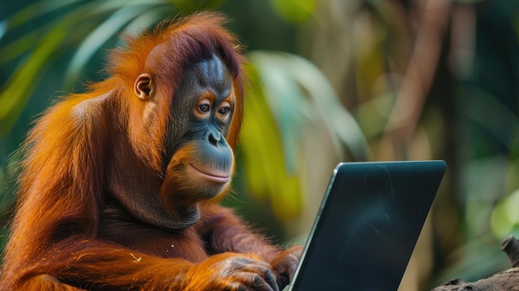 Foto orangután usando una computadora portátil en un entorno de selva exuberante
