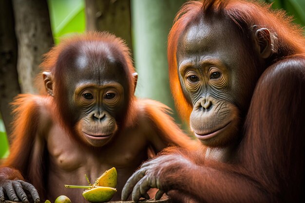 Orangutanes en Semenggoh Sarawak comiendo un coco